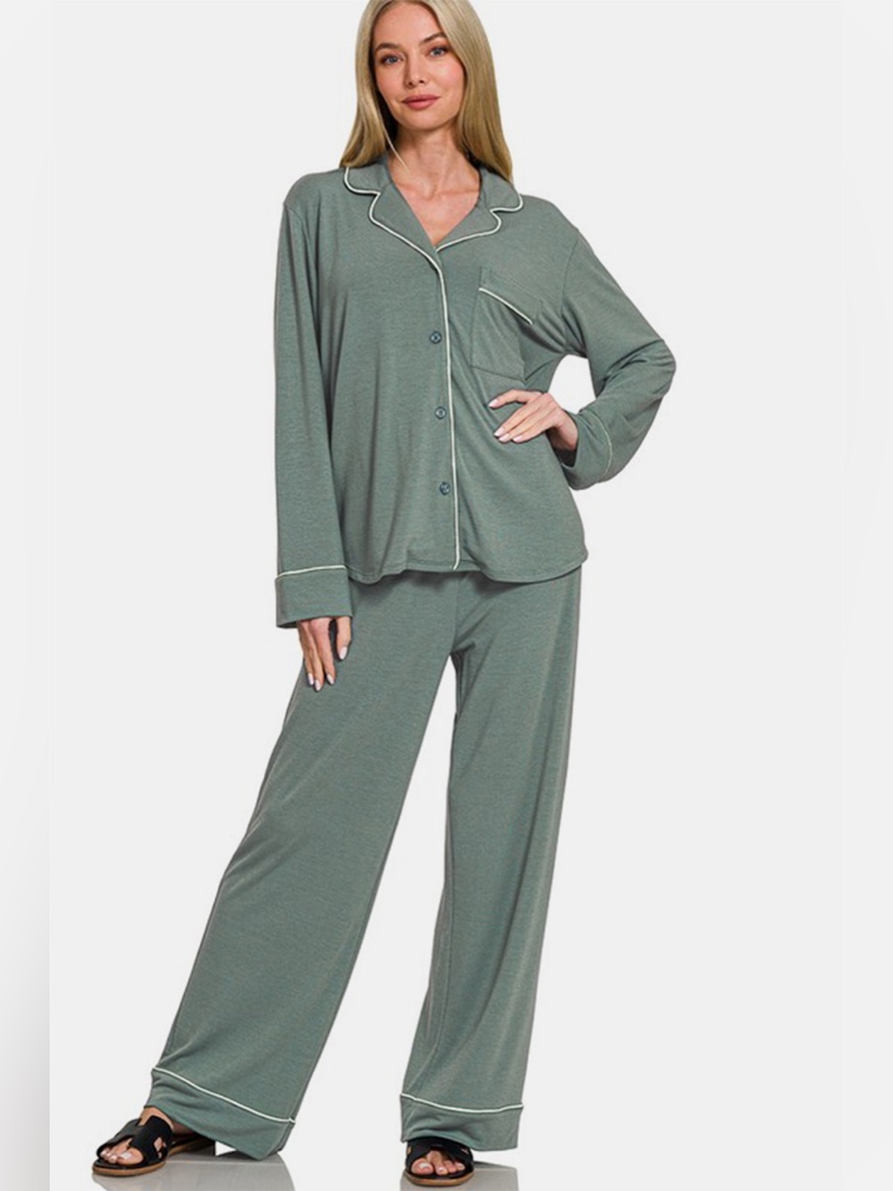 Zenana Button Down Long Sleeve Top and Pants Lounge Set